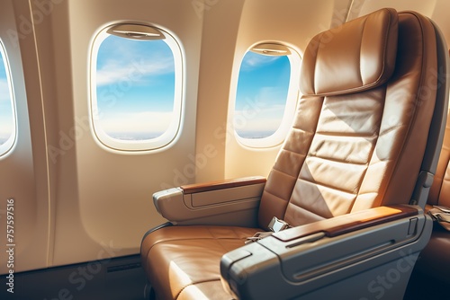 airplane interior with seats and window view.