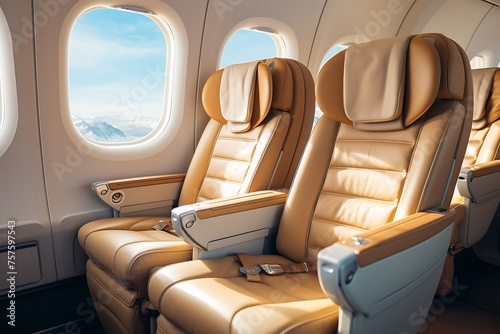 airplane interior with seats and window view. © Creative