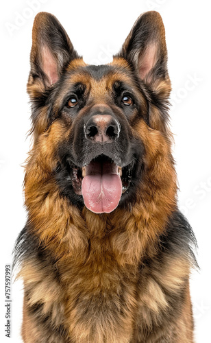 Alert German Shepherd dog with tongue out looking friendly, cut out - stock png.