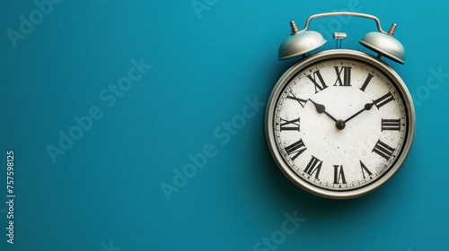 A clock timer isolated copy space on blue background. AI generated image