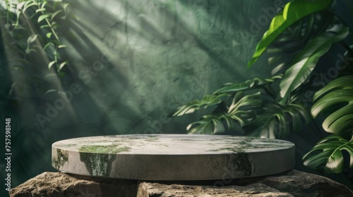 Natural stone and concrete podium in Natural green background for Empty show for packaging product presentation. Background for cosmetic products  the scene with green leaves - generative ai