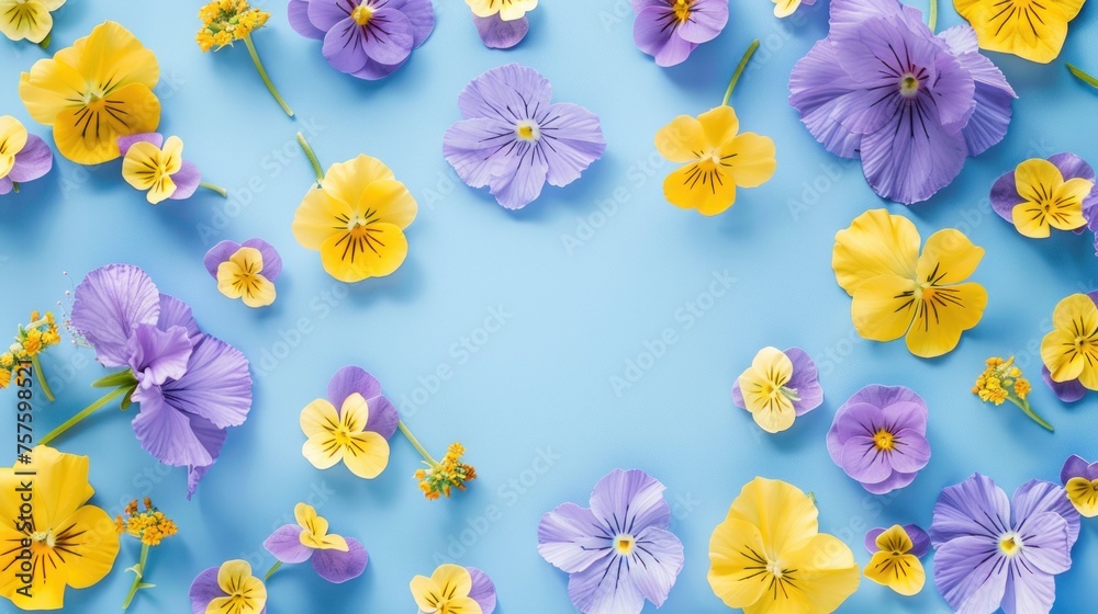 Beautiful spring yellow and purple flowers isolated on pastel blue background. AI generated image
