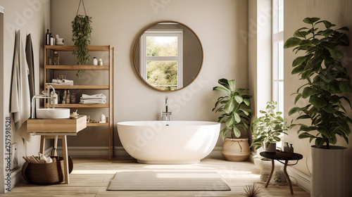 scandinavian bathroom with white and beige walls, white basin with oval mirror, bathtub, shower, plants, and parquet floor.