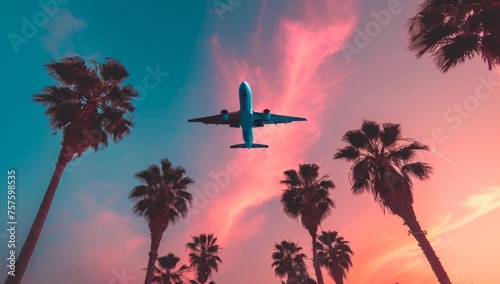 an airplane flying in the sky above palm trees at sunset Generative AI