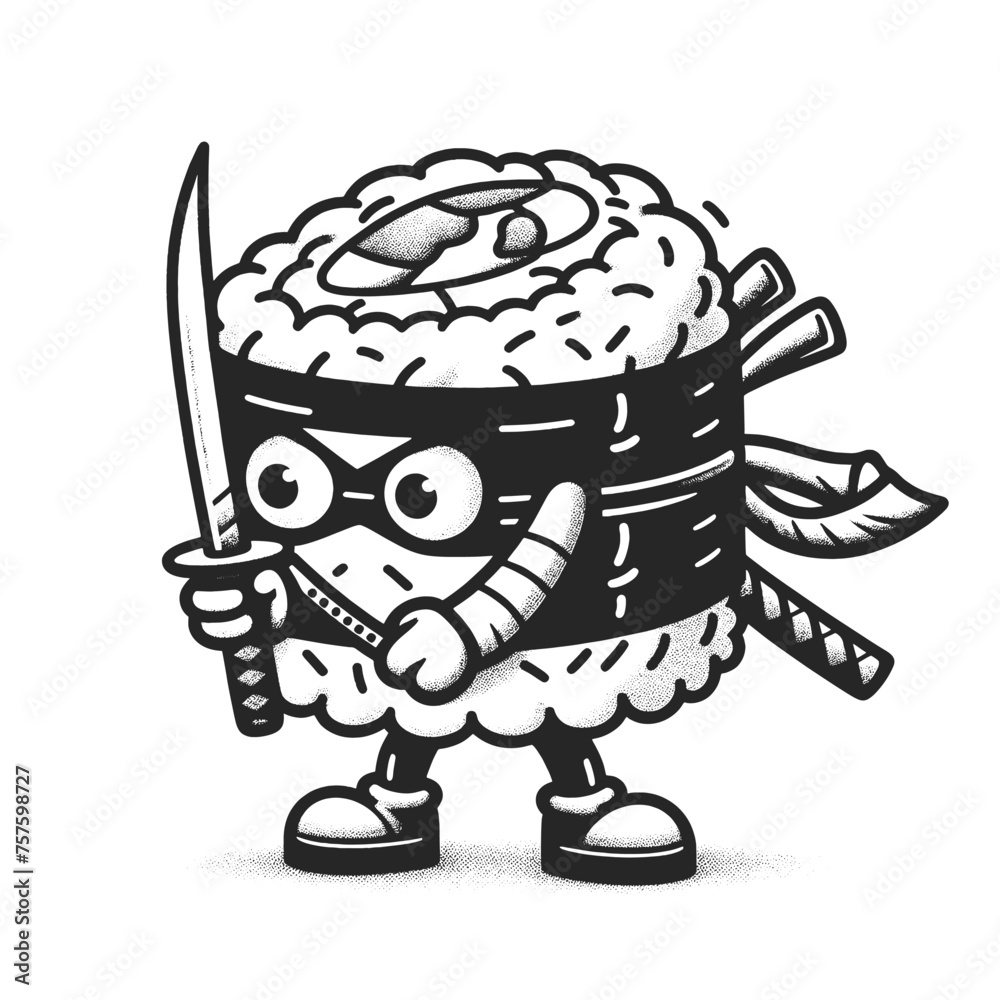 Adorable animated sushi roll character holding katana japanese sword engraving style sketch engraving generative ai vector illustration. Scratch board imitation. Black and white image. Adorable animated sushi roll character holding katana japanese sword engraving style sketch engraving generative ai vector illustration. Scratch board imitation. Black and white image.