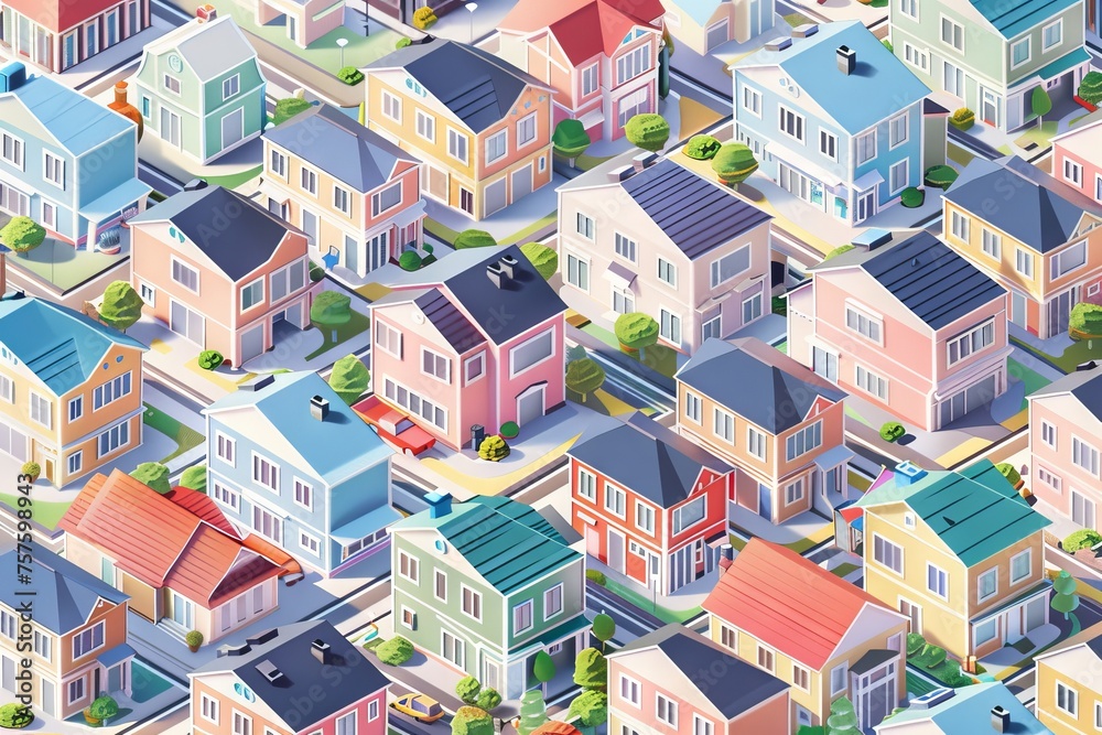 Isometric Buildings Pattern, Houses Texture Background, Isometric Town, Abstract Generative AI Illustration