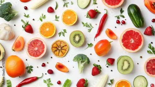 Top view healthy food of different fruits and vegetables on white background. AI generated