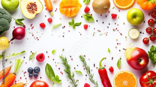 Top view healthy food of different fruits and vegetables on white background. AI generated