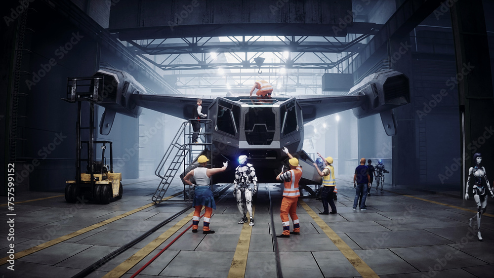 Robot walking. Production of military futuristic ship at the factory. Future concept. 3d rendering. Robot walking. Production of military futuristic ship at the factory. Future concept. 3d rendering.