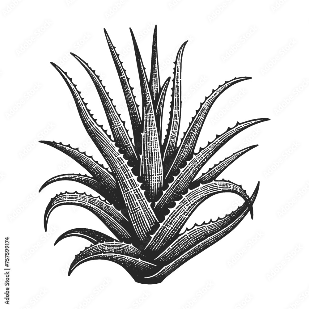Aloe Vera plant with pointed leaves sketch engraving generative ai fictional character vector illustration. Scratch board imitation. Black and white image. - obrazy, fototapety, plakaty 