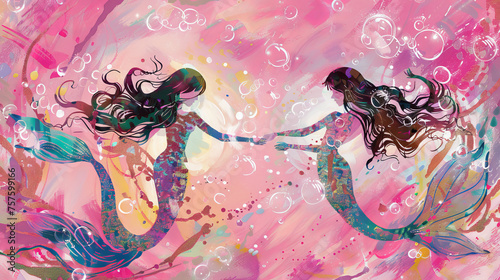 Art illustration mixed media style two mermaids holding hands with bubbles and pink ocean background