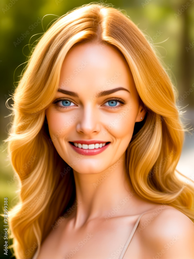 Naklejka premium A woman with blonde hair and blue eyes is smiling