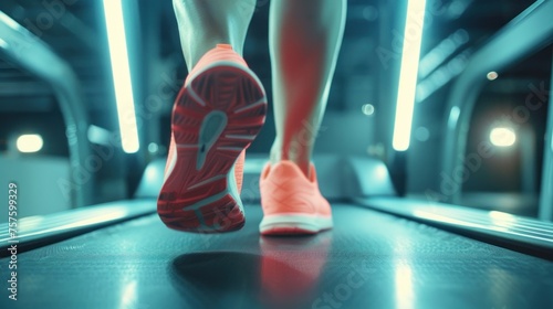 Close up a runner athlete running on treadmill in sports center. AI generated image