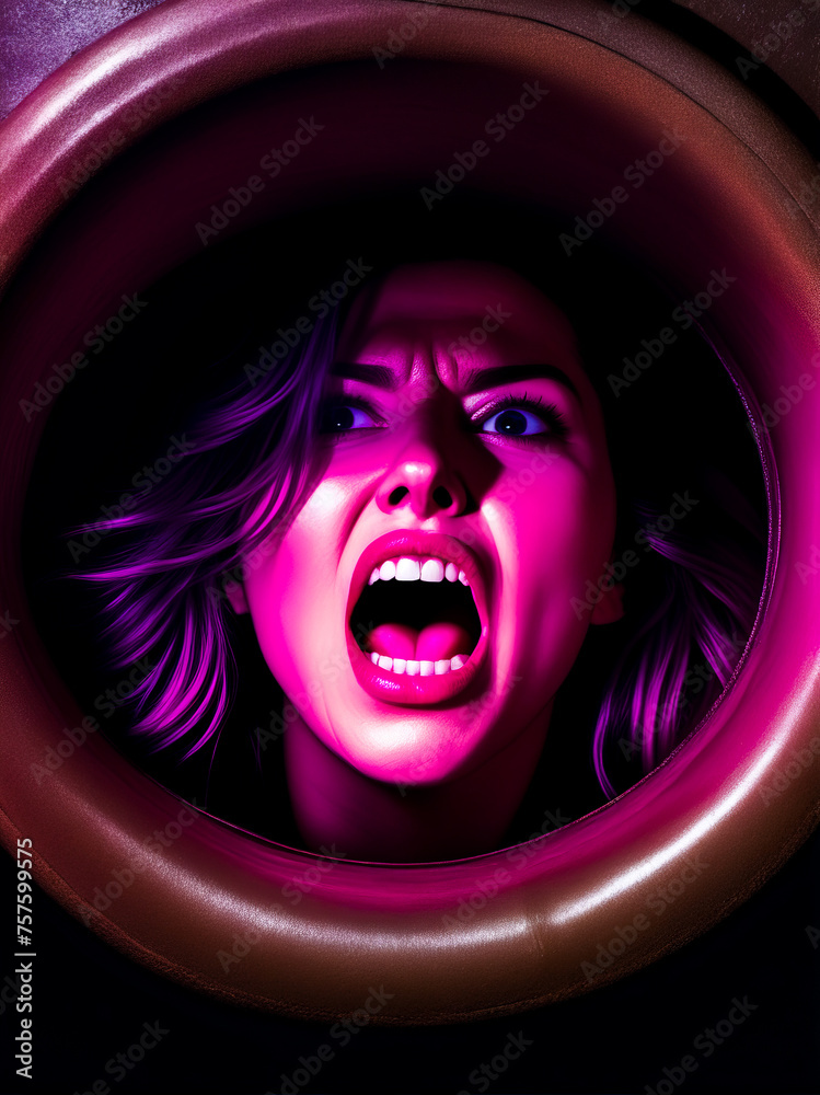 A woman with purple hair is screaming in a circle