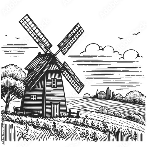 cozy rural farm windmill pastoral landscape, featuring farmhouses, cultivated fields lush vegetation. Sketch engraving generative ai vector illustration. Scratch board imitation. Black and white image