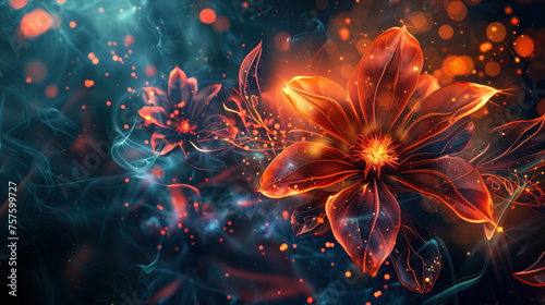 Beautiful fiery flower on a dark background. Digital art. The image is impressive in its unexpectedness and can be used in design in a wide variety of areas. © Sviatlana