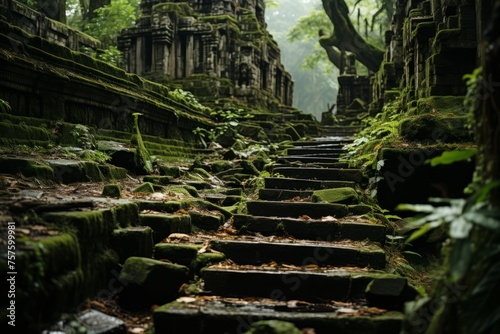 Stairs ascend to a junglecovered ruin in a forest clearing