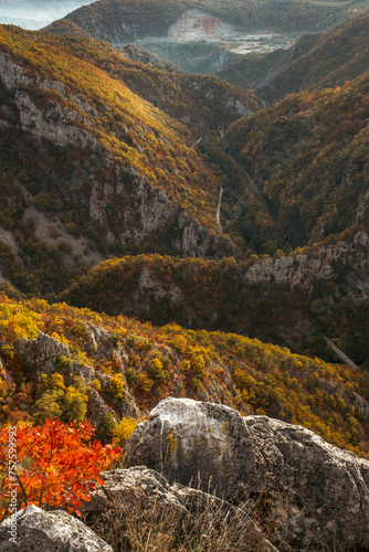 Scenic morning shot of colorful river canyon with lots of trees and cliffs, with road and railway going through, during autumn, river Djetinja, Uzice, Serbia photo