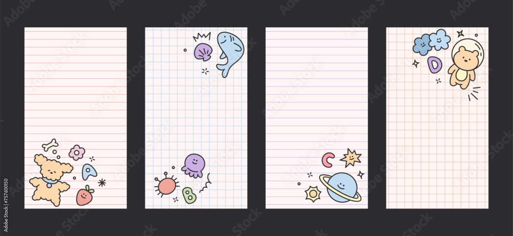 Kid cute story template of notebook sheets with childish elements. Simple scribble vector elements of social media stories with dog, planet, star, letter, cloud, bear, seashell, arrow, stroke. 