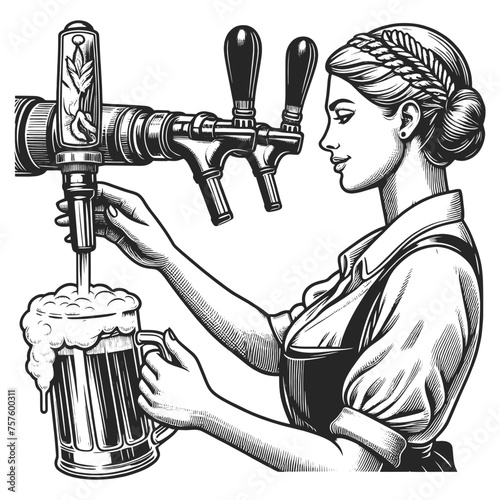 bartender beauty young woman pouring a frothy beer from a tap sketch engraving generative ai fictional character vector illustration. Scratch board imitation. Black and white image.