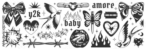 Y2k symbols, goth chain, heart, flame, bow, mouth, butterfly knife, mouth, blackthorn, blade, broken mirror. Y2k aesthetic set. Tattoo art signs of 2000s style. Vector tattoo line modern stickers photo