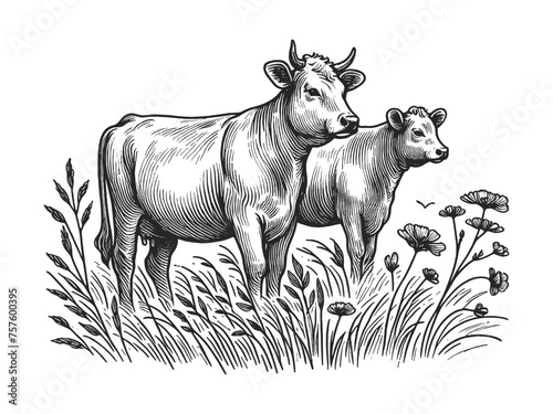 two cows grazing peacefully among wildflowers and grass sketch engraving generative ai fictional character vector illustration. Scratch board imitation. Black and white image.