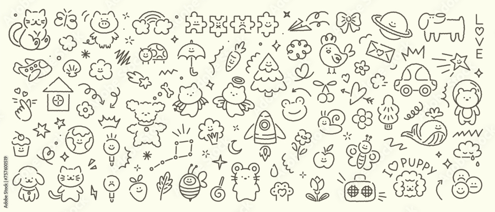 Hand drawn scribble kid doodle icon set. Cute children set of sun, flower, smile, heart, animal, cloud, star, rainbow, fruit. Vector trendy sketch childish elements for stickers, patterns, banners.