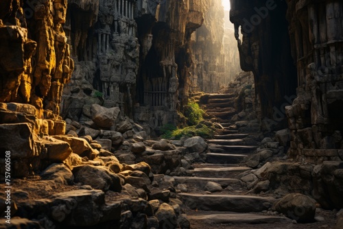 Natural landscape with stairs leading to cave among bedrock surrounded by rocks photo