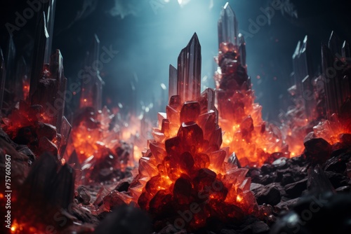 A cave filled with fiery rocks and crystals lighting up the dark world