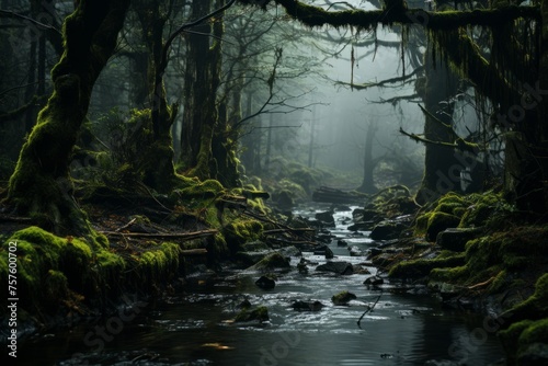 A stream flows through a dark forest with mossy trees
