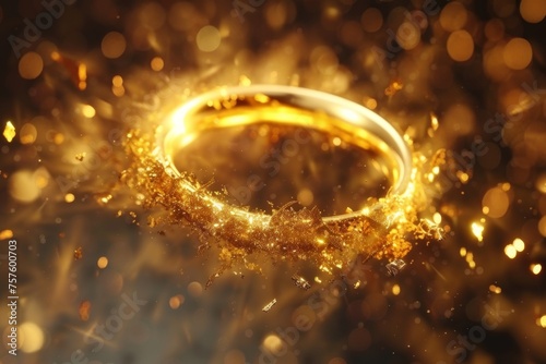 A gold ring in abstract flames and sequins on a black background