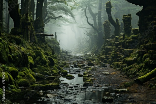 A tranquil path winds through a forest with a babbling stream