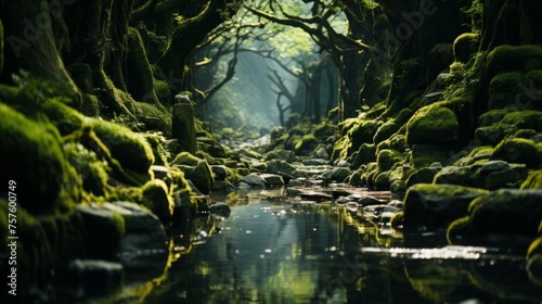 River flowing through a forest with mossy rocks and trees