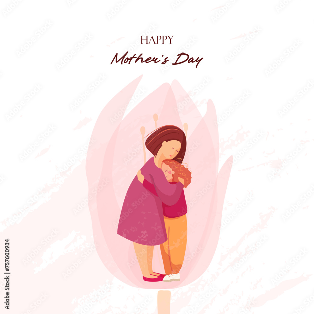 Vector illustration for happy mother's day international holiday in a flat cartoon style. Mom and daughter are having hugs in a pink flower with abstract elements. Vector illustration for happy mother's day international holiday in a flat cartoon style. Mom and daughter are having hugs in a pink flower with abstract elements.