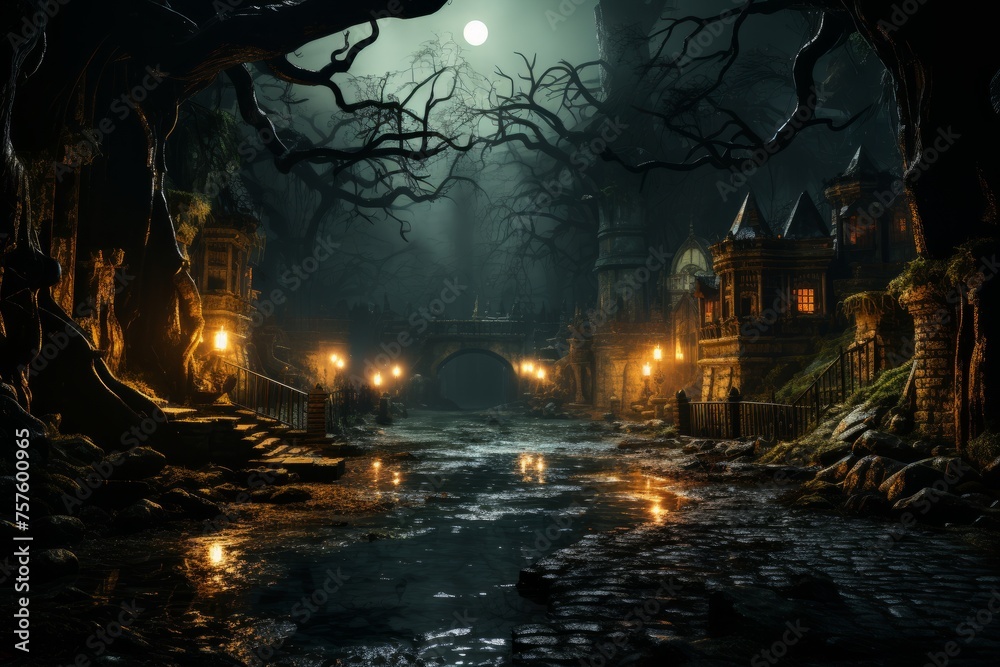 Mystical midnight forest with river, houses, moonlight, and eerie atmosphere