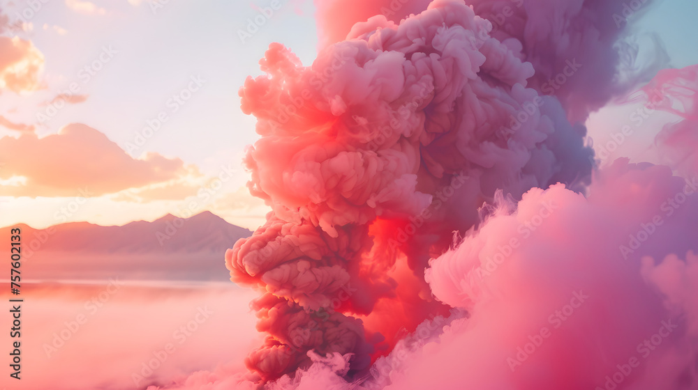 Fototapeta premium Pink smoke clouds. Clubs of pink smoke, An explosion, a burst of holi paint, Abstract psychedelic pastel light background, 3d rendering