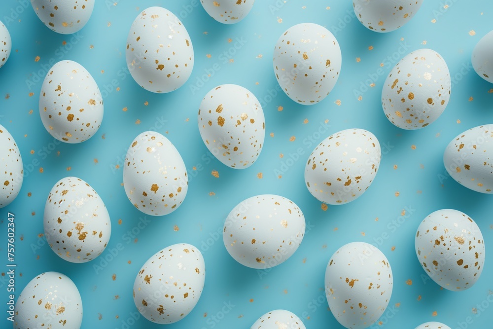 Pattern made of Easter eggs with disco ball texture on a blue pastel background. Abstract minimal Easter concept.	