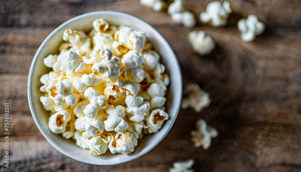 Nighttime snack scene with popcorn in bowl, symbolizing relaxation and indulgence. Top view, dark background Nighttime snack scene with popcorn in bowl, symbolizing relaxation and indulgence. Top view, dark background