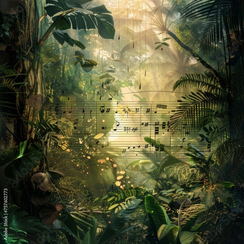 Rain Forest Music Collage, Jungles Melody, Classic Musical Surreal Poster, Trees, Plants Music Concept