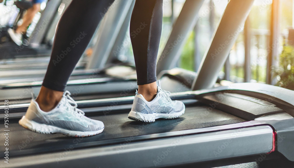 woman's foot on treadmill in gym, symbolizing fitness and health woman's foot on treadmill in gym, symbolizing fitness and health