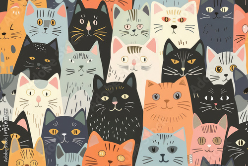 Seamless pattern background, repeating, can be used for the kids wallpaper or the wrapping paper. Lots of different cats illustrations in orange, black, blue, white