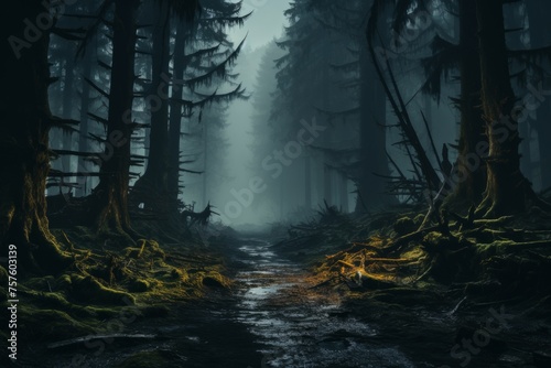 A dense forest with towering trees and a meandering stream, shrouded in darkness