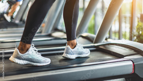 woman's foot on treadmill in gym, symbolizing fitness and health