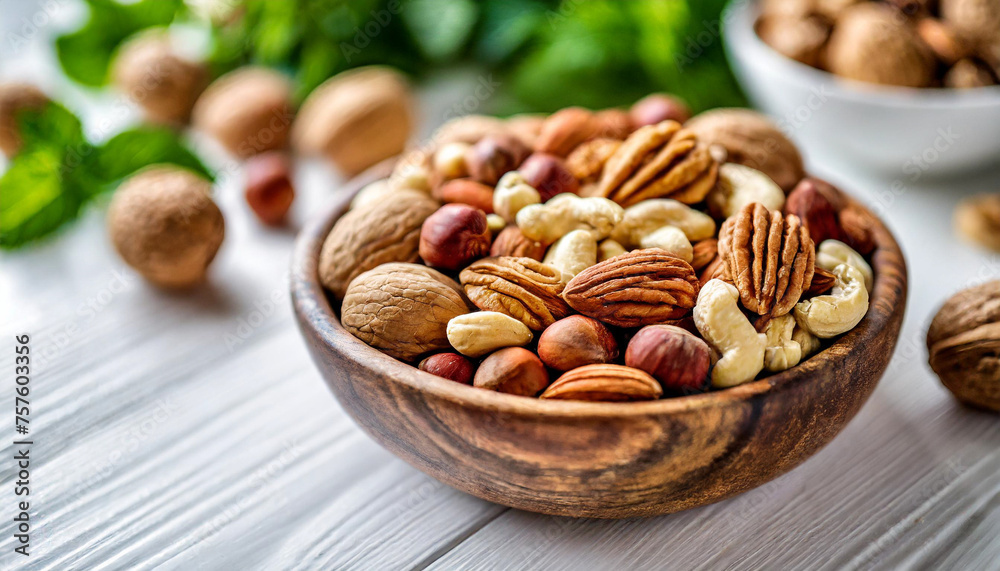 Assorted nuts in bowl on white modern table, promoting heart health and nutrition, with blurred kitchen background Assorted nuts in bowl on white modern table, promoting heart health and nutrition, with blurred kitchen background