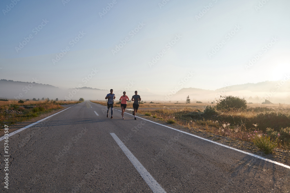 A group of friends, athletes, and joggers embrace the early morning hours as they run through the misty dawn, energized by the rising sun and surrounded by the tranquil beauty of nature