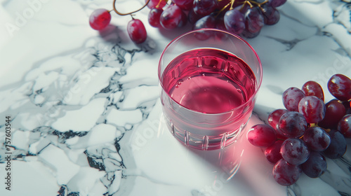 Single glass of red wine or juice and a bunch grapes on white marble table with much space and light in the room . Beautiful wine and grape background with copy space for text. photo