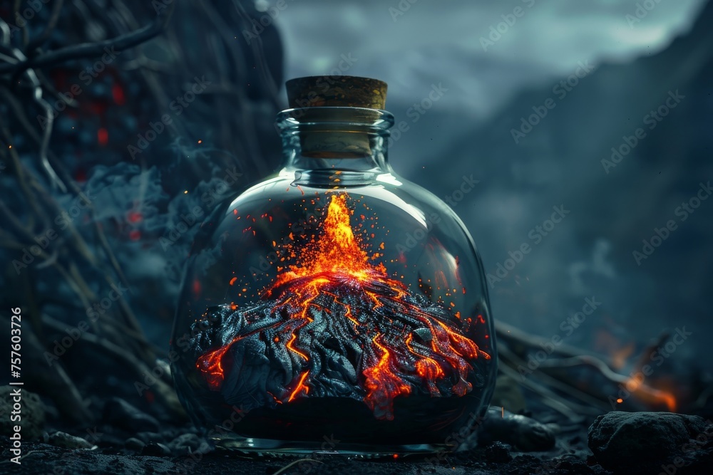 Volcanic Eruption in a Closed Glass Bottle, an Erupting Volcano with Lava Flows - obrazy, fototapety, plakaty 