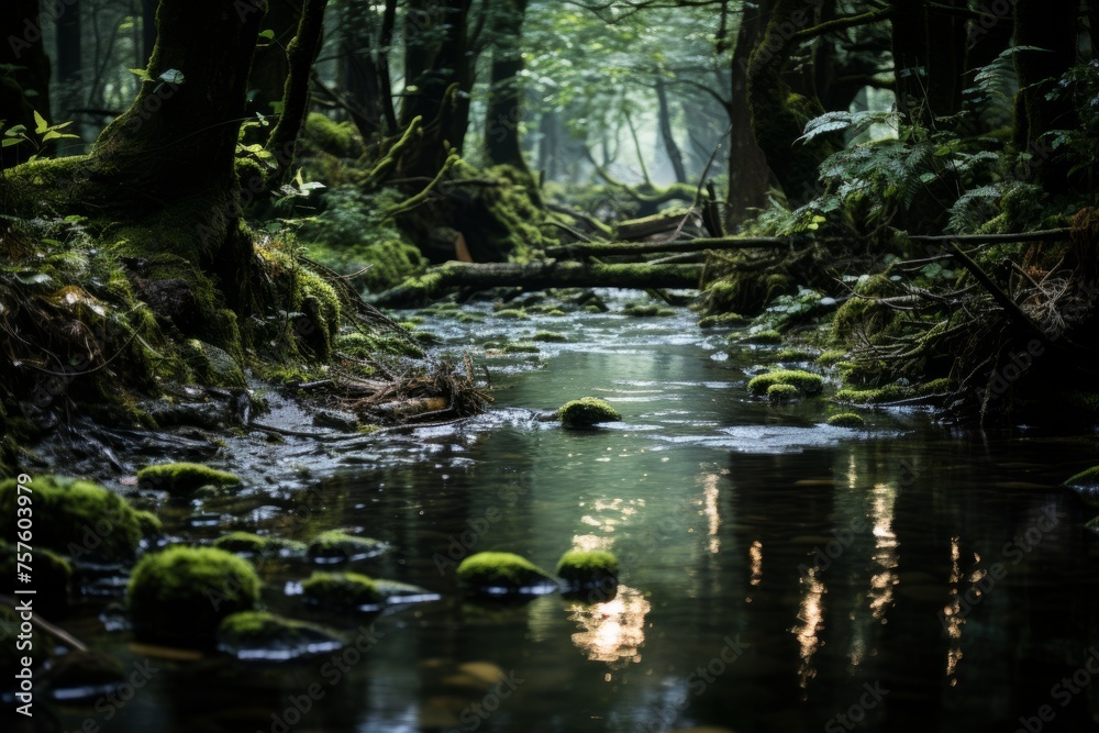 a stream in the middle of a forest surrounded by trees and moss