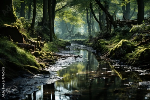Water flows through a verdant forest with lush vegetation and diverse plant life
