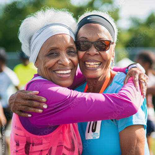 Two senior women hugging after a sports race African American Black.